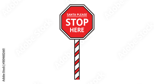 Illustrated santa stop here sign with red and white striped pole