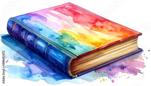 A vibrant watercolor painting depicts a closed book with a rainbow gradient across its cover. The spine is blue, with golden edges