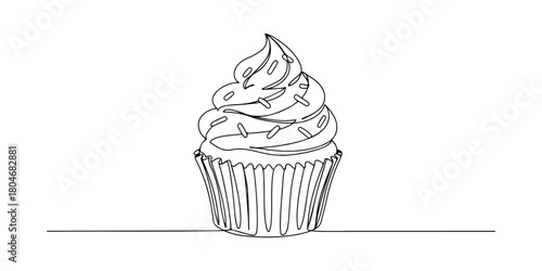 Continuous one line of a chocolate mousse cup with a swirl topping, representing indulgence and luxury, hand drawn vector illustration.