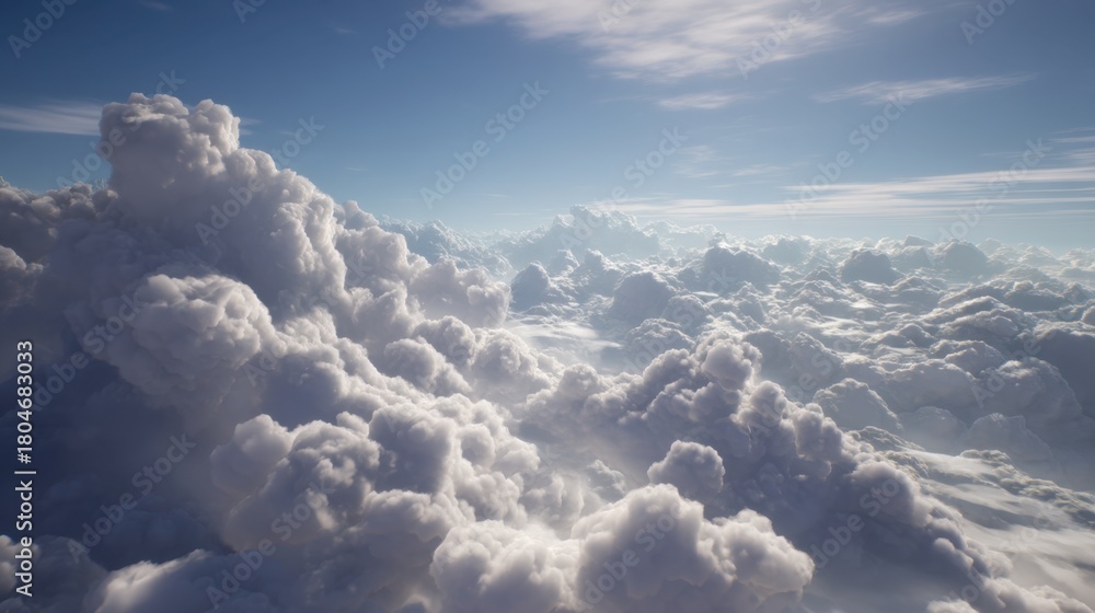 Fototapeta premium Majestic Cloudscape Above the Horizon with Soft Sunlight Illuminating the Fluffy White Clouds and a Vast Blue Sky in a Serene Atmosphere
