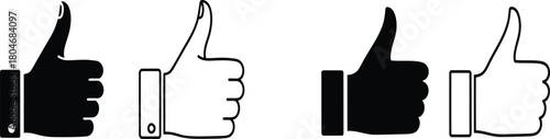 Thumbs up icon set. Like and approve hand gesture symbols in solid and outline styles.