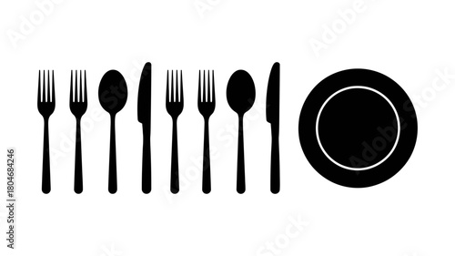 Black silhouette illustration of dinnerware set including forks, spoons, knives, and a plate, perfect for restaurant menu design or culinary themes