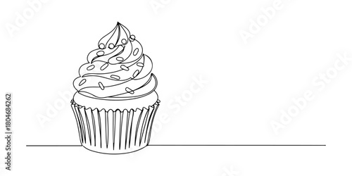 Continuous one line of a chocolate mousse cup with a swirl topping, representing indulgence and luxury, hand drawn vector illustration.