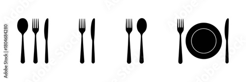 Silhouettes of essential restaurant and home kitchen cutlery set including fork, knife, spoon, and plate, ideal for dining and meal preparation icons.