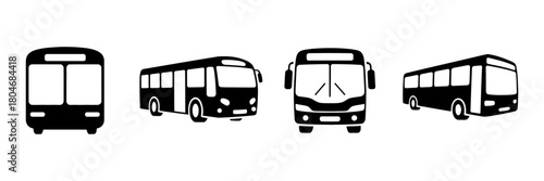 Bus vector icons set with different views: front, side, and three-quarter perspective. public transport, travel, and urban journey symbols.
