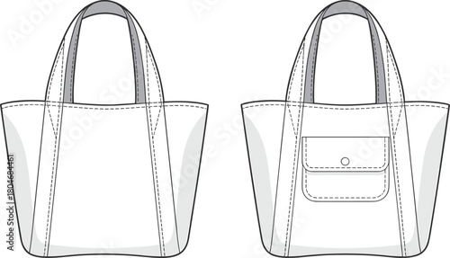Stylish tote bag cad drawing flat vector illustration, minimal handbag design front and back view with pocket details