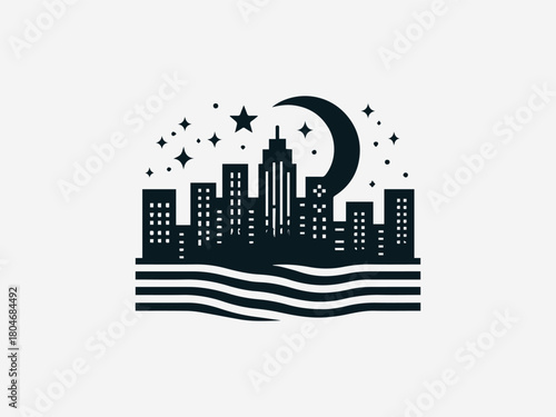 Night city skyline formed with clean bold shapes illustrated in modern black vector logo design