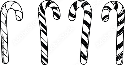 Candy cane icon set, festive clipart, Christmas vector, black silhouette, holiday treat, striped sweets, seasonal design, celebration graphic, winter symbols, decorative candy, sketch style
