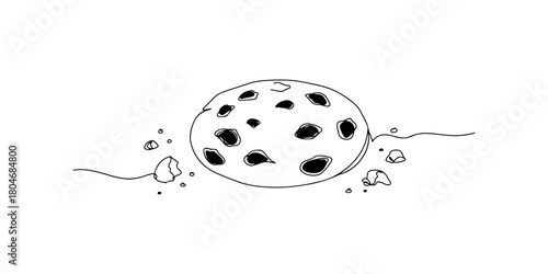 Continuous one line of a chocolate chip cookie with crumbs, symbolizing comfort food, hand drawn vector illustration.