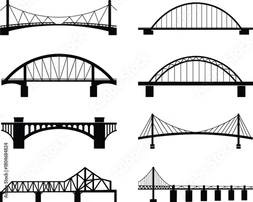 Bridge silhouette icons, suspension bridge, arch bridge, truss bridge, cable-stayed bridge, cantilever bridge, engineering design, black illustration