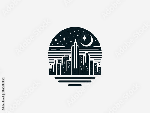 Night city skyline formed with clean bold shapes illustrated in modern black vector logo design