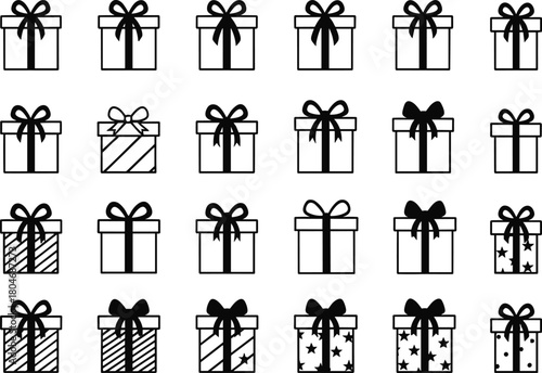 Christmas gift box icon, festive present silhouette, holiday packaging vector, ribbon design graphic, seasonal black illustration, winter celebration clipart