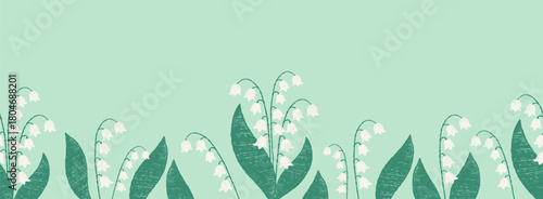 Spring Floral Seamless Border with white Lilies of the Valley on Green Background. Hand-drawn Textured Crayon Horizontal Poster card with May forest flowers. Vector illustration. Not AI