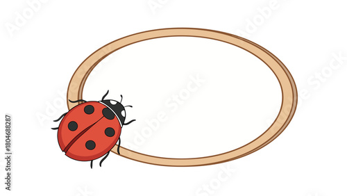 A cute ladybug on the edge of a wooden oval frame, isolated on transparent background