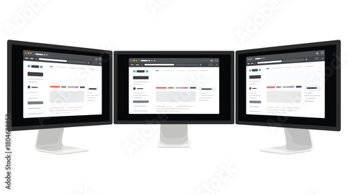 Three computer monitors showing a website isolated on white for web design mockups and presentations