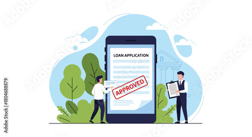 Modern flat vector illustration of a customer submitting a digital loan form with approval stamp and financial icons. Ideal for banking apps, fintech guides, and loan service promotions