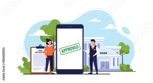 Modern flat vector illustration of a customer submitting a digital loan form with approval stamp and financial icons. Ideal for banking apps, fintech guides, and loan service promotions