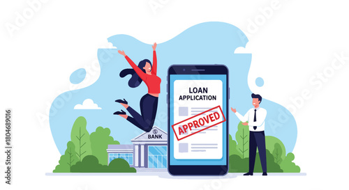 Modern flat vector illustration of a customer submitting a digital loan form with approval stamp and financial icons. Ideal for banking apps, fintech guides, and loan service promotions