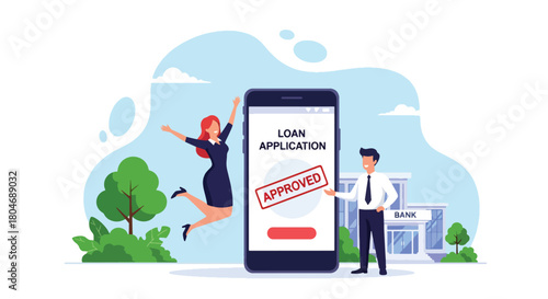 Modern flat vector illustration of a customer submitting a digital loan form with approval stamp and financial icons. Ideal for banking apps, fintech guides, and loan service promotions
