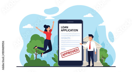 Modern flat vector illustration of a customer submitting a digital loan form with approval stamp and financial icons. Ideal for banking apps, fintech guides, and loan service promotions