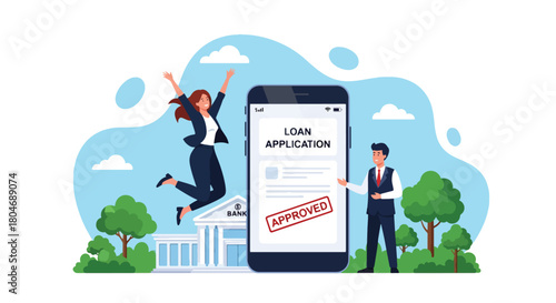 Modern flat vector illustration of a customer submitting a digital loan form with approval stamp and financial icons. Ideal for banking apps, fintech guides, and loan service promotions