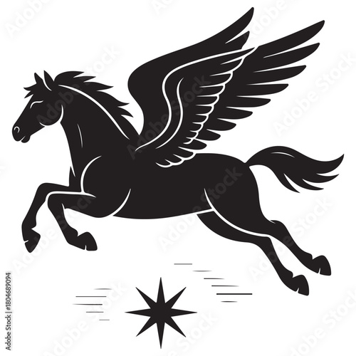 Black Silhouette Vector of Leaping Winged Horse with Star and Lines