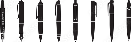 Collection of various writing instruments, including fountain pens and ballpoint pens, presented as vector silhouettes Vector