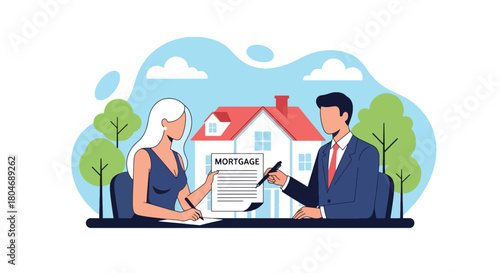 Flat vector couple signing mortgage loan documents with banker beside house icon and contract sheet. Ideal for real estate ads, mortgage services, housing finance, and property lending