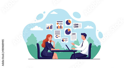 Flat vector client discussing personal loan options with financial advisor, charts floating around. Ideal for banking brochures, loan guides, and financial consultation services