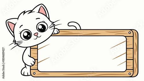 Charming cartoon white kitten peeking out from behind a wooden frame with blank space for text, isolated on transparent background