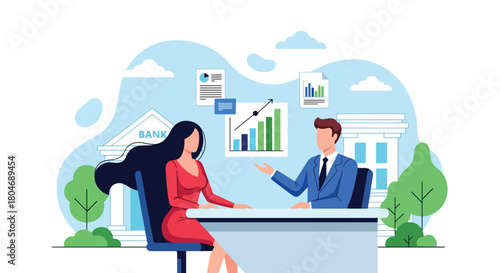Flat vector client discussing personal loan options with financial advisor, charts floating around. Ideal for banking brochures, loan guides, and financial consultation services