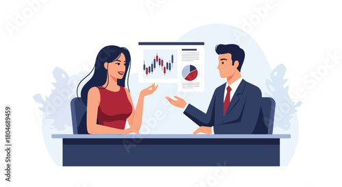 Flat vector client discussing personal loan options with financial advisor, charts floating around. Ideal for banking brochures, loan guides, and financial consultation services