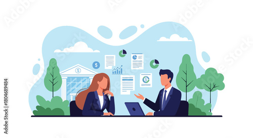 Flat vector client discussing personal loan options with financial advisor, charts floating around. Ideal for banking brochures, loan guides, and financial consultation services