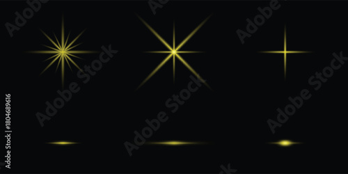 Golden Starburst Light Effect with Radial Rays on Black Background