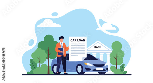 Flat vector scene of customer receiving approved car loan beside vehicle silhouette and loan document. Ideal for auto financing ads, dealership promotions, and banking loan materials