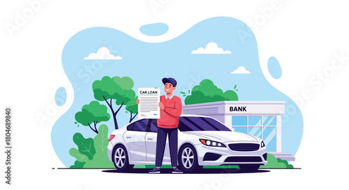 Flat vector scene of customer receiving approved car loan beside vehicle silhouette and loan document. Ideal for auto financing ads, dealership promotions, and banking loan materials