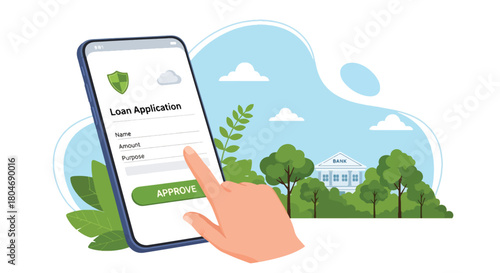 Flat vector customer applying for loan through mobile app with security shield and digital form. Ideal for fintech apps, mobile banking ads, and online lending service promotions
