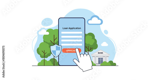 Flat vector customer applying for loan through mobile app with security shield and digital form. Ideal for fintech apps, mobile banking ads, and online lending service promotions
