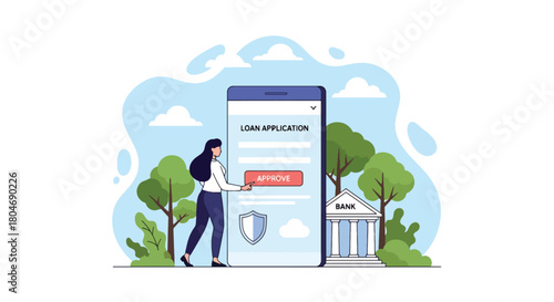 Flat vector customer applying for loan through mobile app with security shield and digital form. Ideal for fintech apps, mobile banking ads, and online lending service promotions