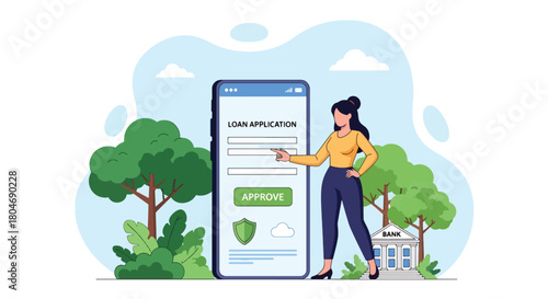 Flat vector customer applying for loan through mobile app with security shield and digital form. Ideal for fintech apps, mobile banking ads, and online lending service promotions