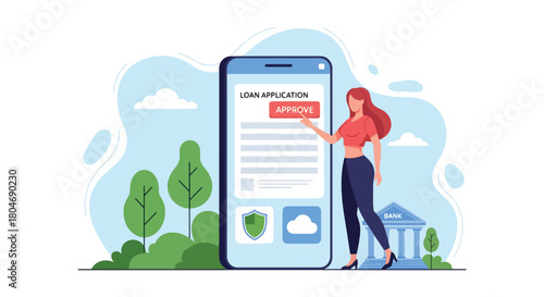 Flat vector customer applying for loan through mobile app with security shield and digital form. Ideal for fintech apps, mobile banking ads, and online lending service promotions