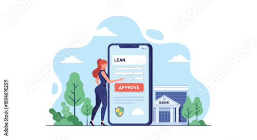 Flat vector customer applying for loan through mobile app with security shield and digital form. Ideal for fintech apps, mobile banking ads, and online lending service promotions