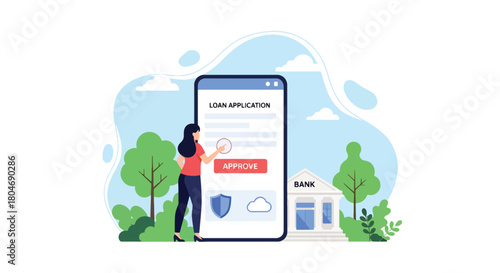 Flat vector customer applying for loan through mobile app with security shield and digital form. Ideal for fintech apps, mobile banking ads, and online lending service promotions