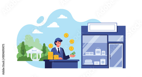 Flat vector small shop owner receiving microloan funds with coins and storefront icons. Ideal for microfinance services, small business lending, and entrepreneurship materials