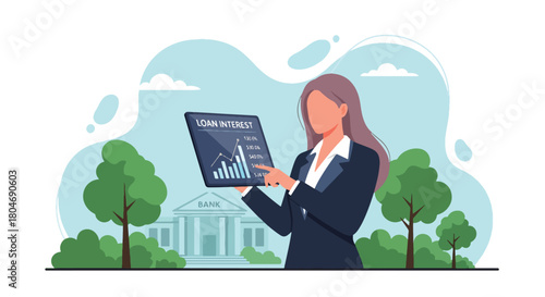 Flat vector customer analyzing interest rates across loan types using percentage charts. Ideal for finance blogs, rate comparison tools, and banking product explanations
