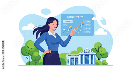 Flat vector customer analyzing interest rates across loan types using percentage charts. Ideal for finance blogs, rate comparison tools, and banking product explanations