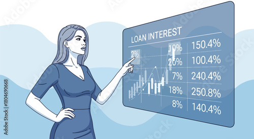 Flat vector customer analyzing interest rates across loan types using percentage charts. Ideal for finance blogs, rate comparison tools, and banking product explanations