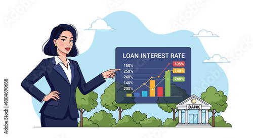 Flat vector customer analyzing interest rates across loan types using percentage charts. Ideal for finance blogs, rate comparison tools, and banking product explanations