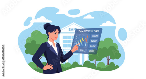 Flat vector customer analyzing interest rates across loan types using percentage charts. Ideal for finance blogs, rate comparison tools, and banking product explanations