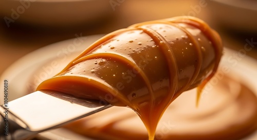 Macro shot of Doce de Leite (milk caramel) texture spread on a knife. Warm soft light.